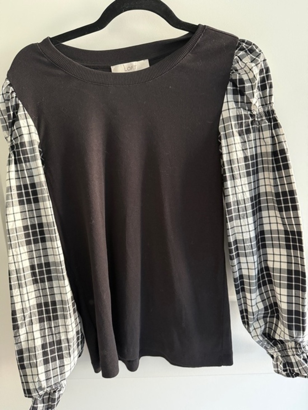 LOFT Black Top with Black and White Plaid Puff Sleeves